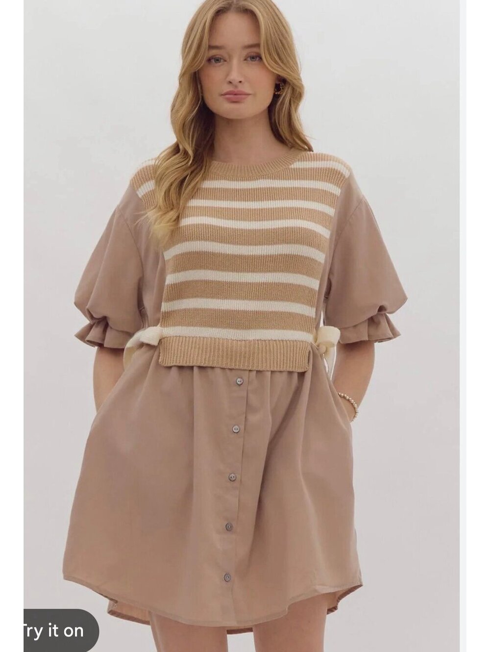 Entro brand beige and white striped sweater dress